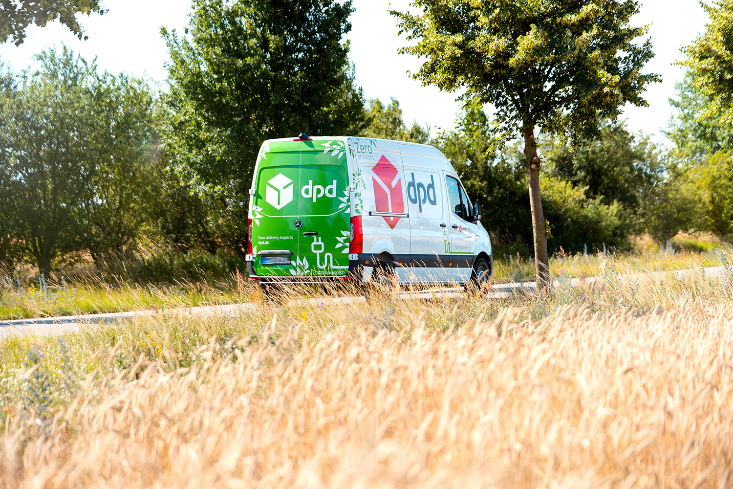 DPD E-Transporter mit Green Branding auf einer Landstraße