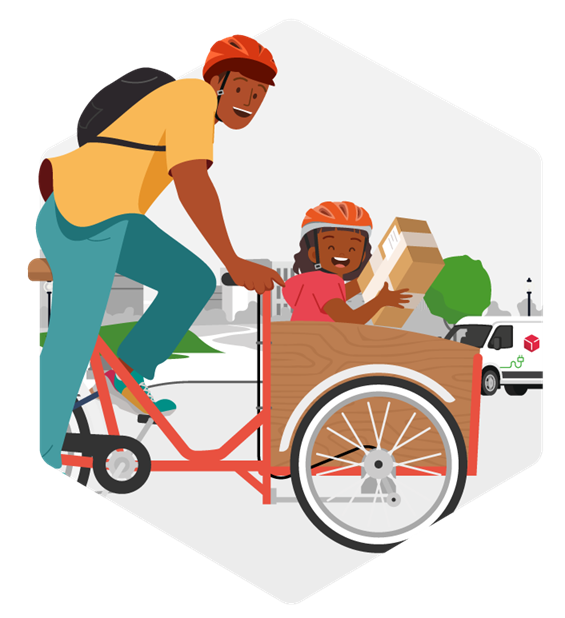 Father riding a bicicle, and kid holding a parcel