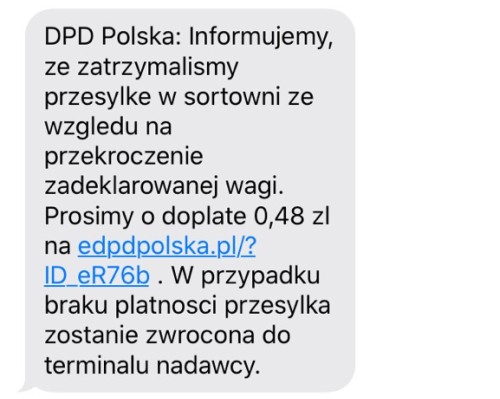 SMS od DPD: dopłata za wagę, link do płatności.