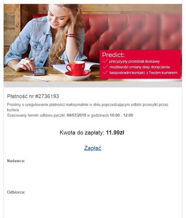 Ekran płatności online: kobieta z telefonem, kawa, szczegóły płatności.
