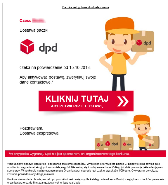 E-mail DPD: Paczka gotowa do doręczenia. Kliknij, aby potwierdzić dostawę.
