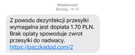 SMS: Dopłata 1.70 PLN za dezynfekcję przesyłki. Brak opłaty = zwrot do nadawcy.