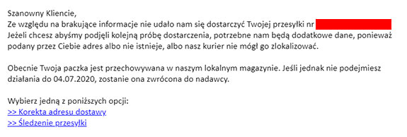 Informacja o problemie z dostarczeniem przesyłki. Korekta adresu, śledzenie.