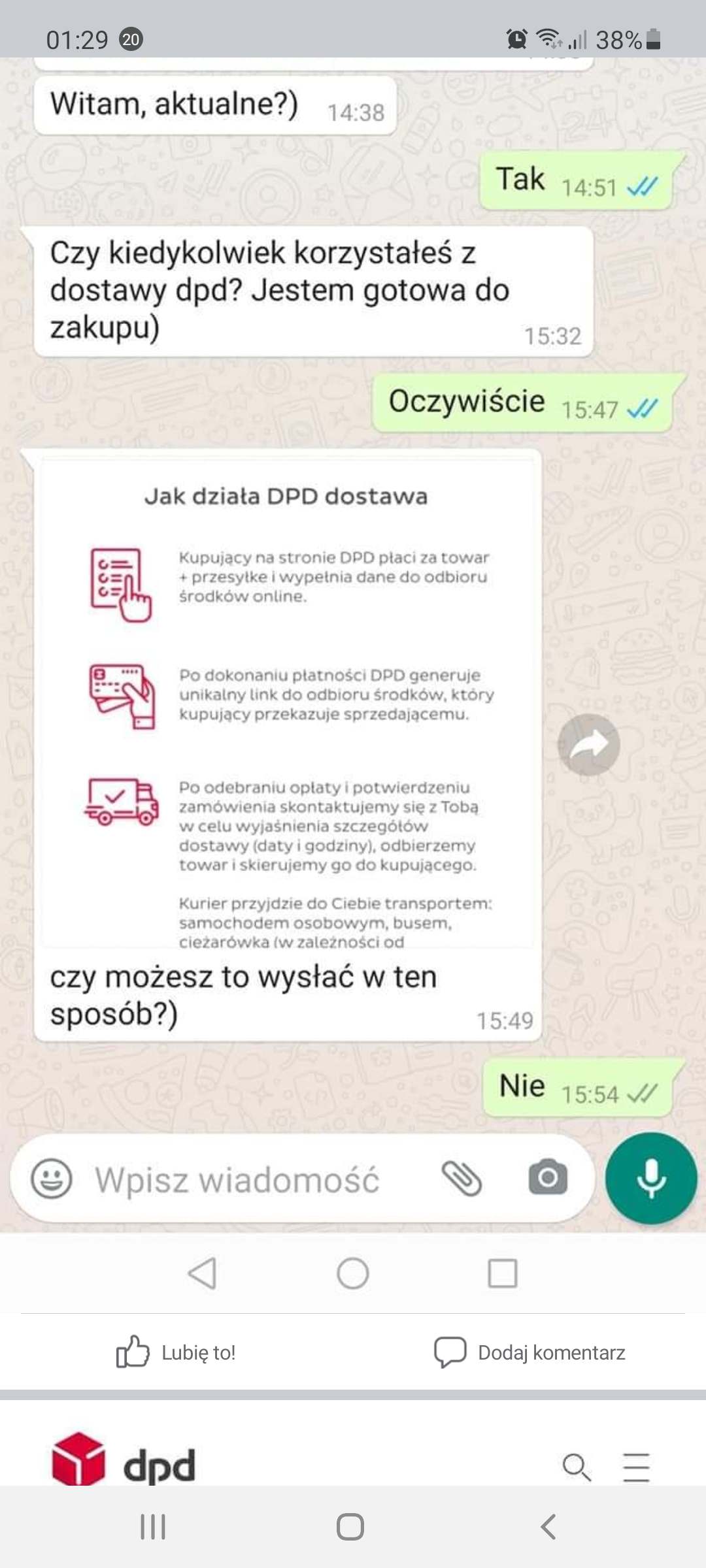 Komunikacja o dostawie DPD w aplikacji komunikatora.