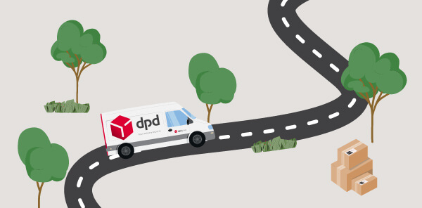 Ilustracja: Samochód DPD na drodze, obok paczki i drzewa. Dostawa przesyłek.