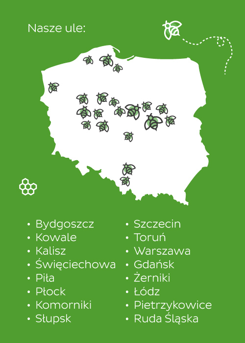 Mapa Polski z lokalizacjami uli. Lista miast: Bydgoszcz, Szczecin, Toruń i inne.