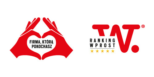 Logo: ręce w kształcie serca "Firma, którą pokochasz" i logo TNT Ranking Wprost.