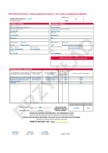Przykładowa faktura pro-forma: nadawca, odbiorca, opis przesyłki, wartość i waluta.