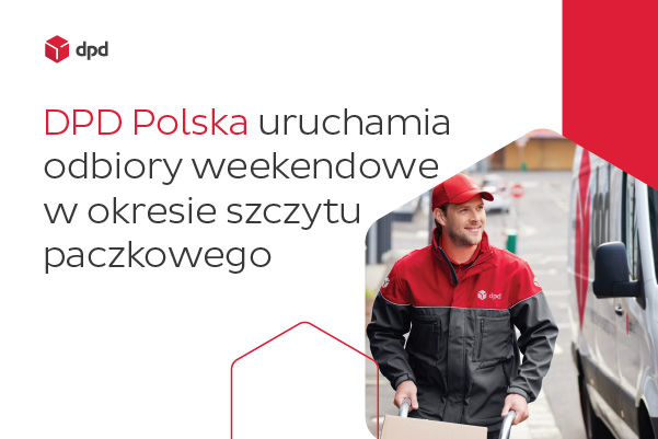 Kurier DPD z paczką na wózku, obok samochód dostawczy. Odbiory weekendowe.