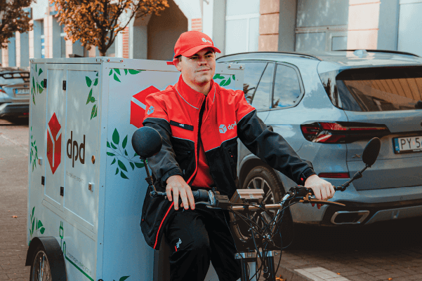 DPD News tresc 600×400 rower Kurier DPD na rowerze elektrycznym z przyczepką, dostarcza przesyłki.