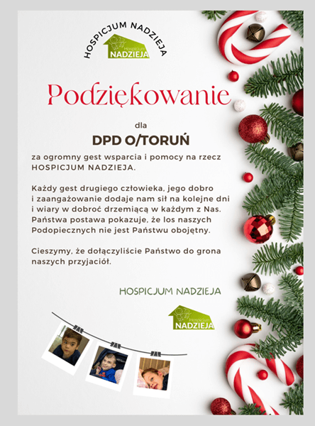 Podziękowanie dla DPD O/Toruń od Hospicjum Nadzieja za wsparcie i pomoc. Świąteczna grafika.