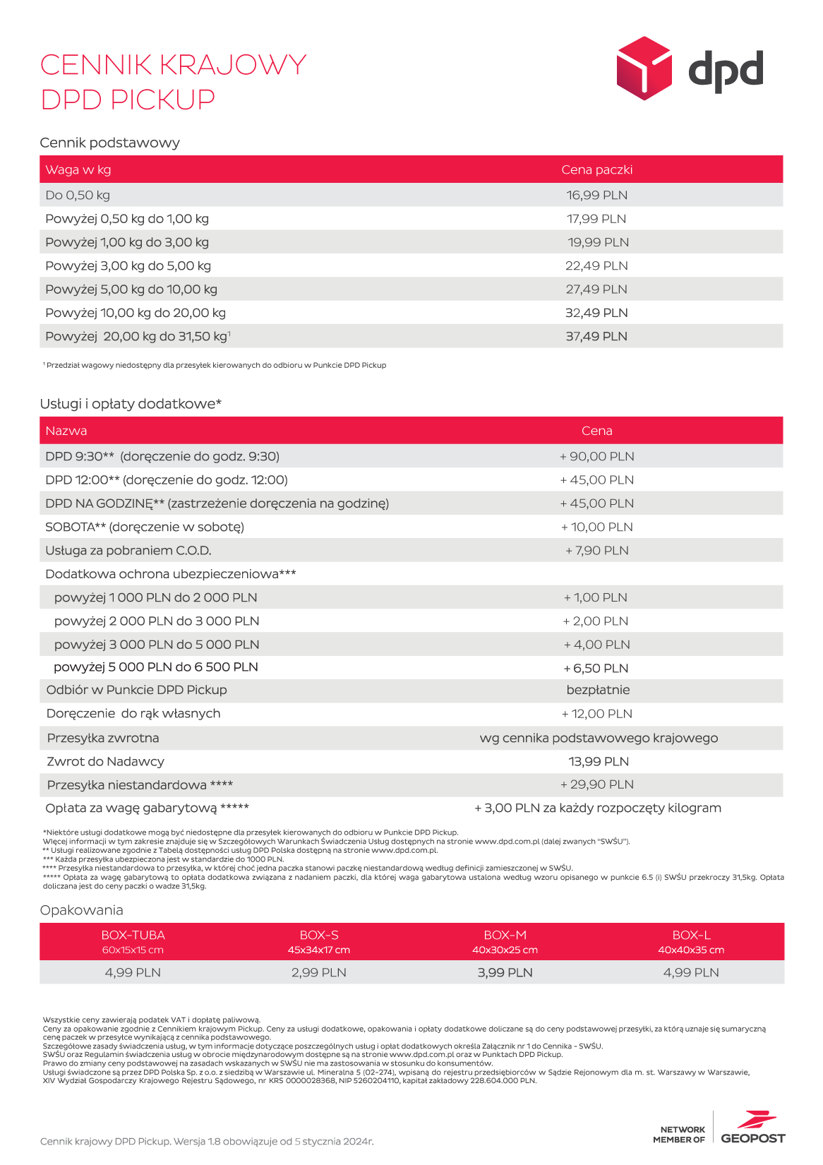 Cennik krajowy DPD Pickup