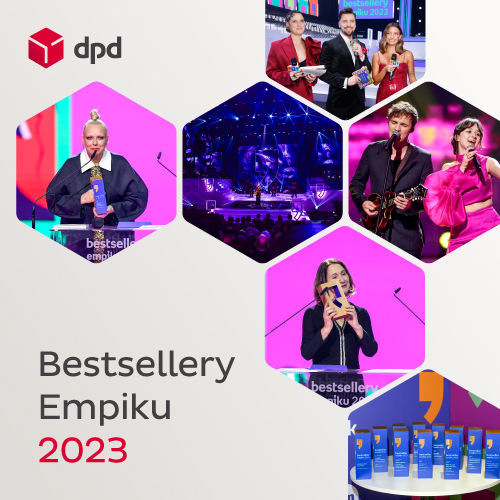 Kolorowy kolaż zdjęć z gali Bestsellerów Empiku 2023, sponsorowanej przez DPD Polska. Widzimy nagrodzonych autorów na scenie, prowadzących ceremonii, występy artystyczne oraz wystawione nagrody. Logotyp DPD znajduje się w lewym górnym rogu obrazu.