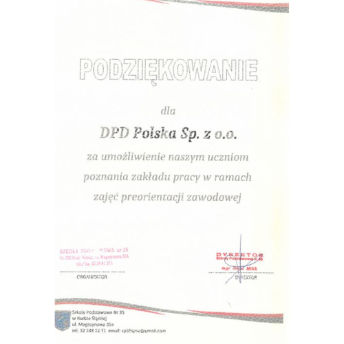 Podziękowanie od Szkoły Podstawowej Nr 35 w Rudzie Śląskiej dla DPD Polska Sp. z o.o. za umożliwienie uczniom poznania zakładu pracy w ramach zajęć z zakresu orientacji zawodowej.