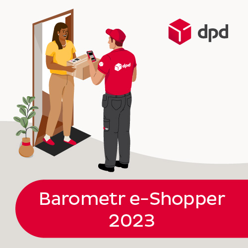 Kurier DPD doręcza paczkę do domu, Barometr e-Shopper 2023.