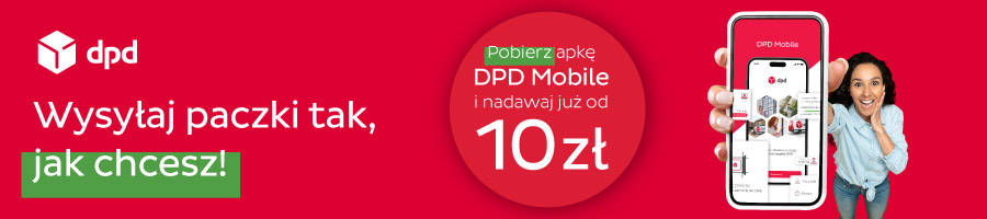 Baner DPD: Wysyłaj paczki jak chcesz! Pobierz aplikację DPD Mobile od 10 zł.