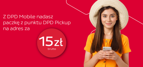 Oferta DPD Mobile przedstawiająca młodą kobietę w żółtej koszulce i białym kapeluszu.