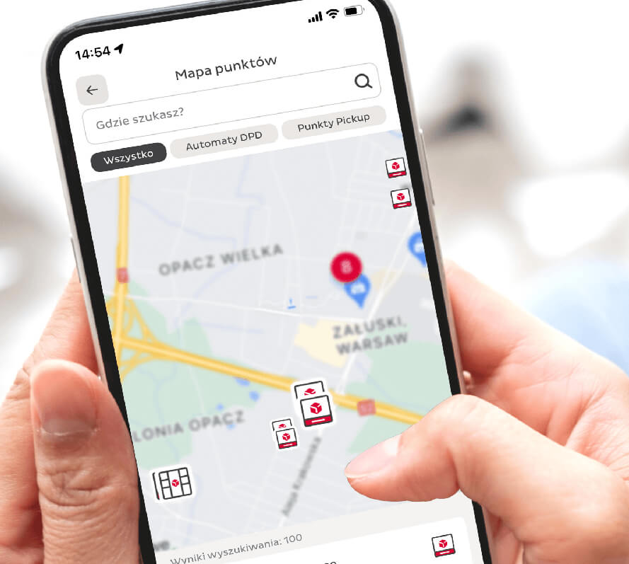 Telefon z mapą punktów DPD w aplikacji mobilnej.