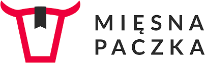 Logo Mięsna Paczka z czerwonym symbolem byka i czarną krawatką, obok napis 'Mięsna Paczka'.