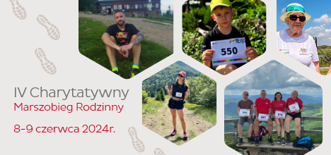 Grafika promująca IV Charytatywny Marszobieg Rodzinny DPD Polska, który odbył się 8-9 czerwca 2024 roku. Na grafice widoczne są zdjęcia uczestników marszobiegu: mężczyzny siedzącego na trawie, chłopca trzymającego numer startowy, starszej kobiety w okularach przeciwsłonecznych, młodej kobiety w stroju sportowym oraz grupy osób w czerwonych koszulkach na tle górskiego krajobrazu.