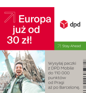 deskop (13) Grafika promująca międzynarodowe przesyłki z DPD Mobile z hasłem 'Europa już od 30 zł!' oraz zdjęciem uśmiechniętego mężczyzny na tle katedry Sagrada Família w Barcelonie.