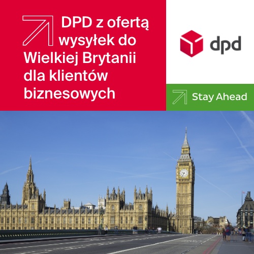 Grafika przedstawiająca ofertę DPD Polska dla klientów biznesowych na wysyłki do Wielkiej Brytanii, z widokiem na Big Ben i Pałac Westminsterski w tle.