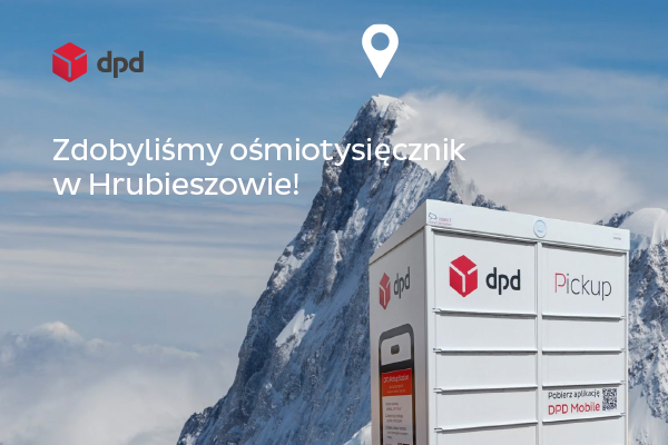 __DPD News tresc 600×400 Automat paczkowy DPD Pickup na tle wysokiego, ośnieżonego szczytu górskiego, z napisem 'Zdobyliśmy ośmiotysięcznik w Hrubieszowie!' wskazującym na dynamiczny rozwój sieci automatów paczkowych DPD w Polsce.