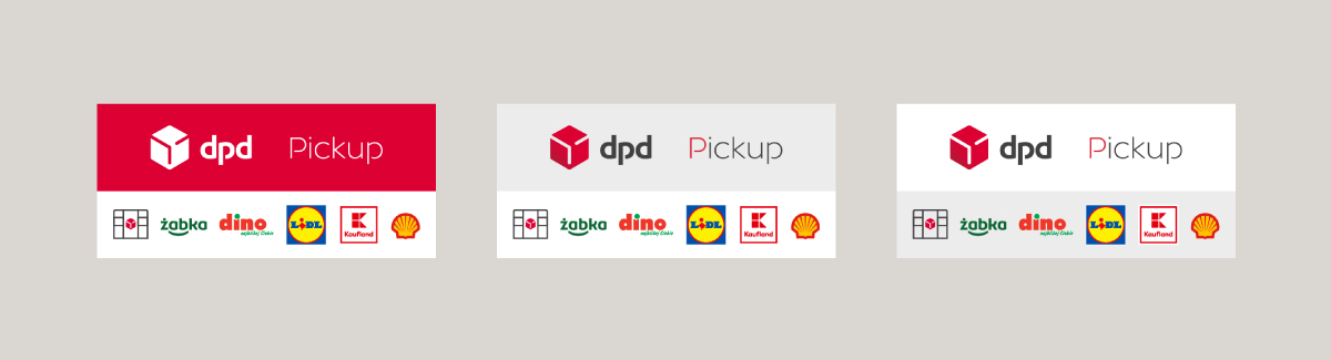 Logo DPD Pickup z partnerami: Żabka, Dino, Lidl, Kaufland i Shell.