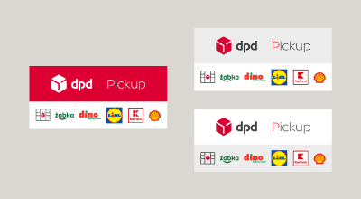 Oznakowania punktów DPD Pickup w sklepach Żabka, Dino, Lidl, Kaufland i na stacjach Shell.