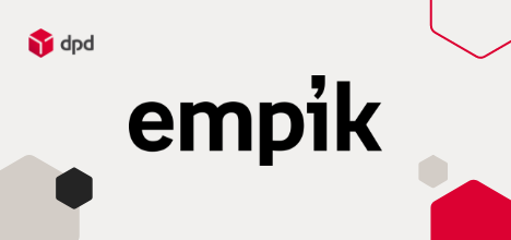 Grafika przedstawiająca logotyp Empik na jasnym tle z geometrycznymi elementami. W lewym górnym rogu znajduje się logo DPD.