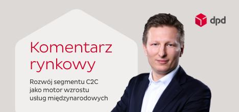 468x220_komentarz rynkowy "Grafika promująca rozwój segmentu C2C w usługach międzynarodowych DPD. Na tle jasnej powierzchni znajduje się osoba trzymająca paczkę z logo DPD, a obok widnieje tekst podkreślający znaczenie C2C jako motoru wzrostu przesyłek międzynarodowych. W górnym rogu umieszczone jest logo DPD.