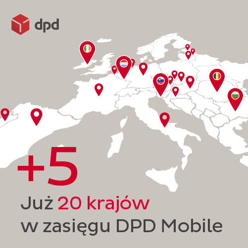 Mapa Europy z zaznaczonymi 20 krajami, w których dostępna jest usługa DPD Mobile. Na mapie znajdują się czerwone pinezki wskazujące te kraje, a u góry po lewej stronie widnieje logo DPD. Na dole napis: '+5 Już 20 krajów w zasięgu DPD Mobile'.