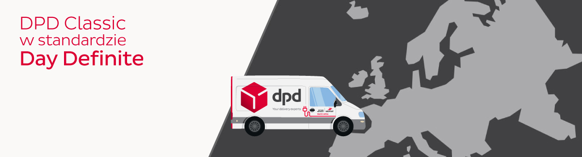 DPD Classic Day Definite. Samochód dostawczy DPD na tle mapy Europy.