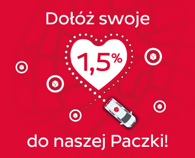 Dołóż swoje 1,5% do naszej Paczki! Czerwona grafika z samochodem DPD, kostką DPD oraz sercem