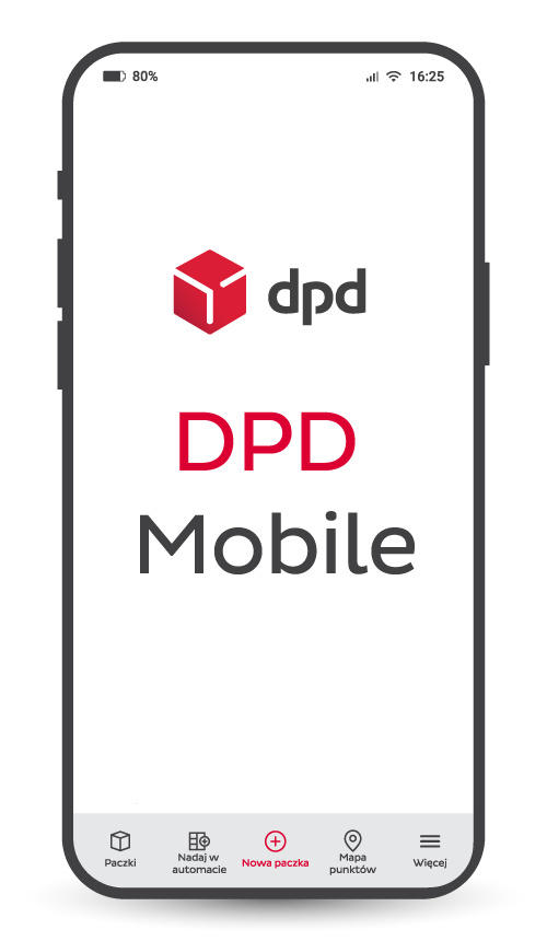 Graficzne przedstawienie smartfona z otwartą aplikacją DPD Mobile