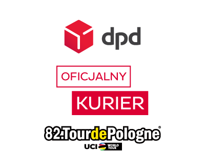 Tour de Pologne - logo DPD oraz TdPz białym przyciskiem Oficjalny oraz czerwonym Kurier
