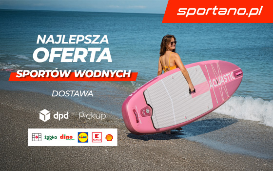 Sportano - Banner STrefa promocji DPD - Kobieta na plaży z deską do pływania i napis Najlepsza Oferta Sportów Wodnych DOstawa DPD Pickup