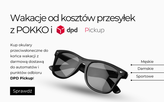 Pokko - Banner Strefa promocji DPD -Czarne okulary przeciwsłoneczne na białym tle i napis - Kup okularyprzeciwsłoneczne do końca wakacji z darmową dostawą do automatów i punktów odbioru DPD Pickup. Męskie, damskie, sportowe