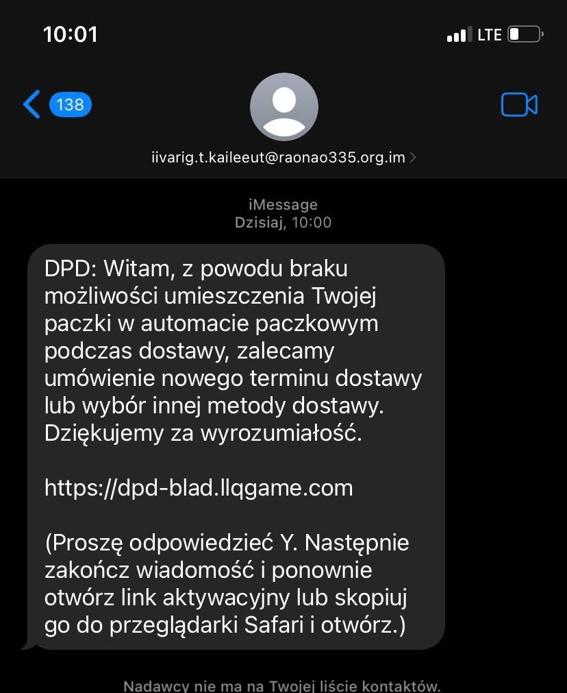 Screenshot fałszywej wiadomości podszywającą się pod kuriera DPD