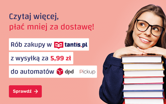 Uśmiechnięta kobieta w okularach opiera się o stos książek, logo Tantis i DPD oraz wysyłka za 5,99