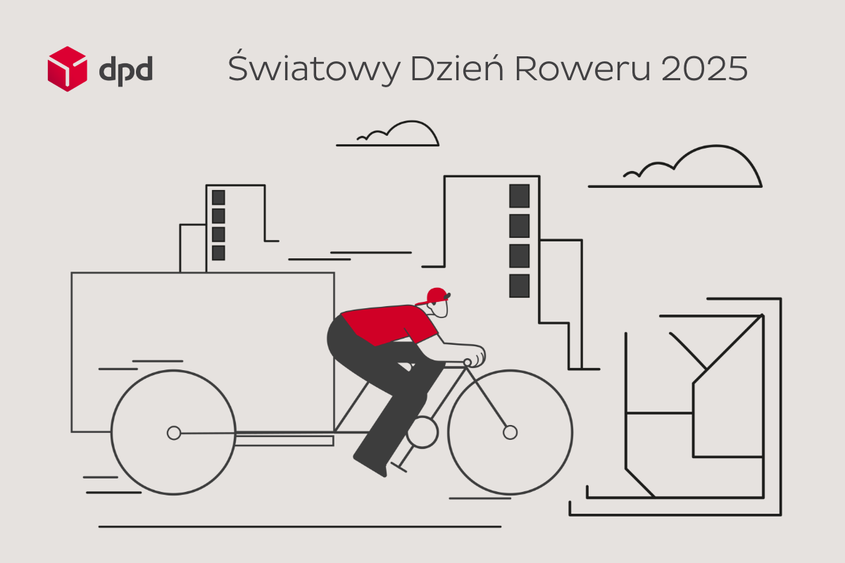 DPD - Światowy Dzień roweru 2025 - rysunkowy kurier DPD na tle miasta