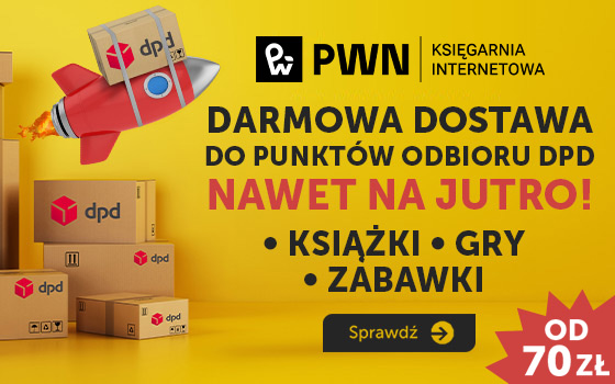 PWN Banner Strefa Promocji DPD Z lewej pudełka DPD na żółtym tle rakieta z przypiętym pudełkiem DPD