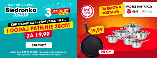 Biedronka Home Banner pod rotatorem Strona Główna DPD Z prawej patelnia i garnki na czerwonym tle