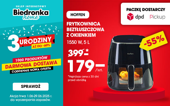 Biedronka Home Banner Strefa Promocji DPD - Czarna frytkownica beztłuszczowa na czerwonym tle