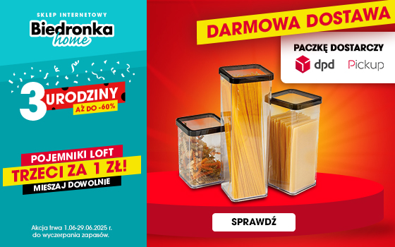 Biedronka Home Banner Strefa Promocji DPD - Makarony w pojemnikach na czerwonym tle