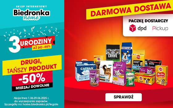 Biedronka Home Banner Strefa Promocji DPD - Karmy dla zwierząt na czerwonym tle
