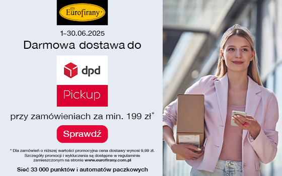 Eurofirany Banner Strefa Promocji DPD Pickup Kobieta z paczką i telefonem po prawej stronie