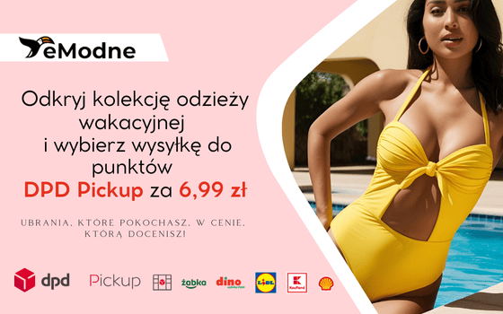 Emodne Banner Strefa Promocji DPD Różowe tło wycięcie, kobieta w żółtym kostiumie na basenie i napis: Odkryj kolekcję odzieży wakacyjnej i wybierz wysyłkę do punktów DPD PIckup za 6,99zł. Ubrania, które pokochasz, w cenie, którą docenisz