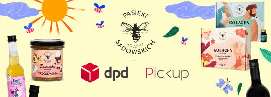 Pasieki Sadowskich DPD Pickup banner pod rotatorem strona główna - słoik, butelka, opakowania kolagenu na żółtym tle, rysunkowe chmury i słońce