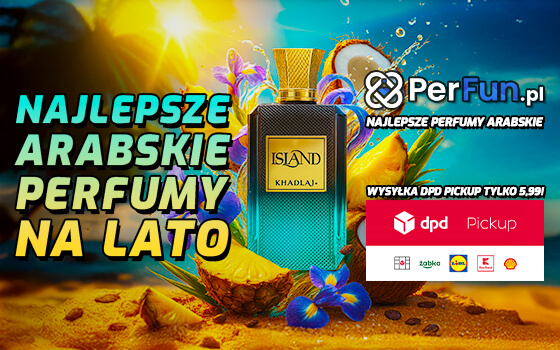 Perfun.pl banner Strefa Promocji DPD Perfumy na plaży obok ananas, kwiaty, kokosy